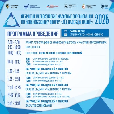Всероссийские массовые соревнования по конькобежному спорту «Лед надежды нашей – 2026» пройдут в Нижнем Новгороде 7 февраля